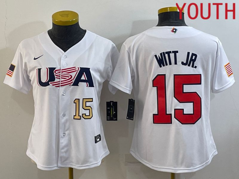 Youth 2023 World Cub USA 15 Witt jr White MLB Jersey